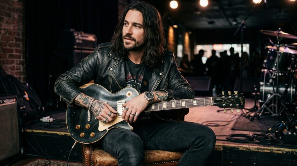 Fashion lifestyle photograph of a rock musician wearing a hi