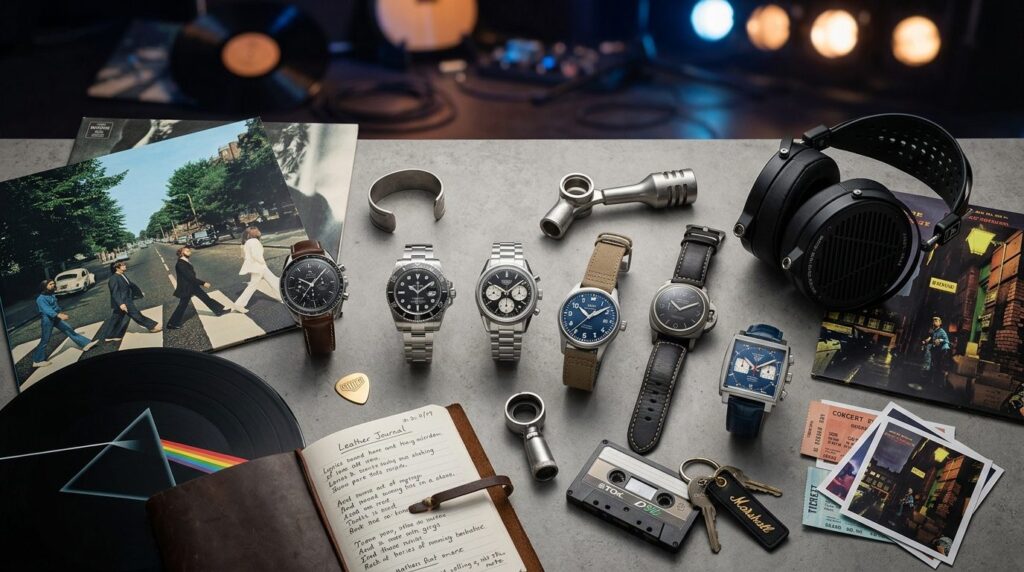 Overhead flat lay composition of luxury designer watches and