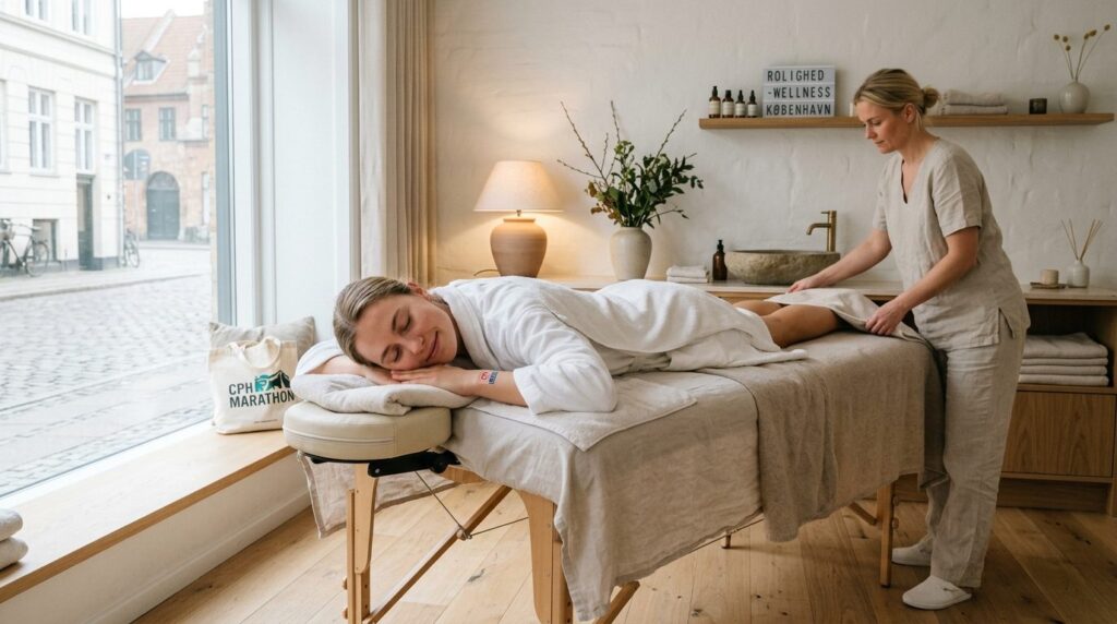 Young adult relaxing on massage table in Scandinavian wellne
