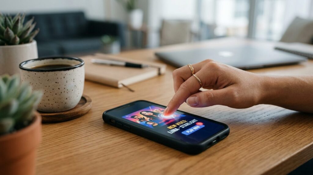Close-up stock photo of a hand tapping a smartphone screen s