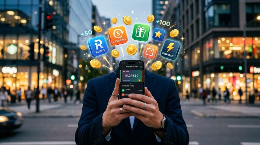 Stock photo of multiple reward app icons and coins floating 