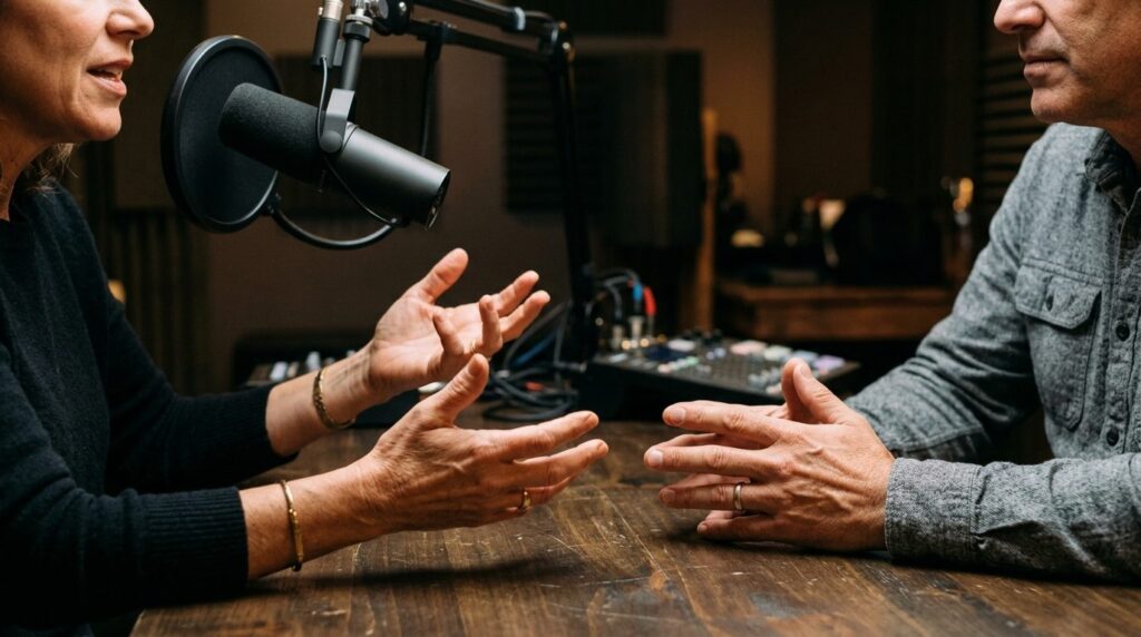 Close-up of hands gesturing during deep conversation in podc
