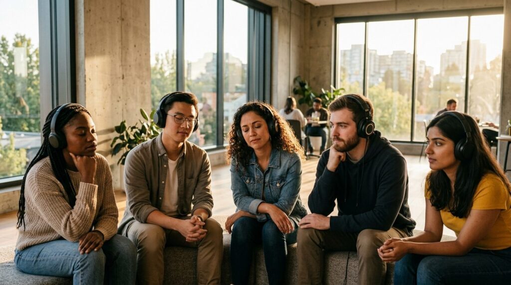 Diverse group of people listening intently with headphones i