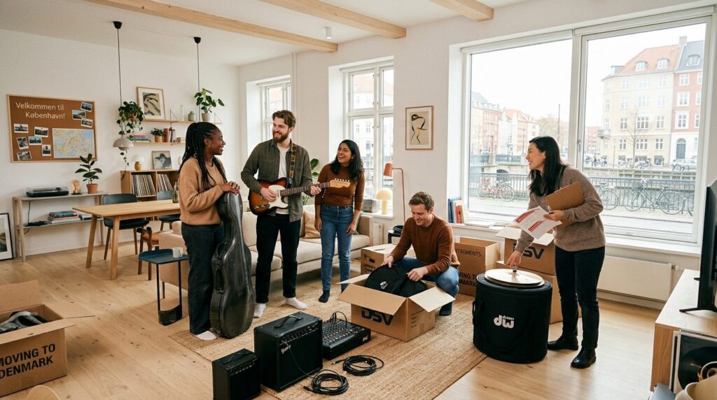 Diverse band members and music company employees unpacking i