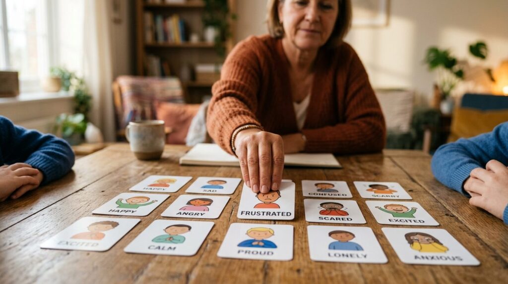 Close-up of a hand gently placing emotion recognition cards