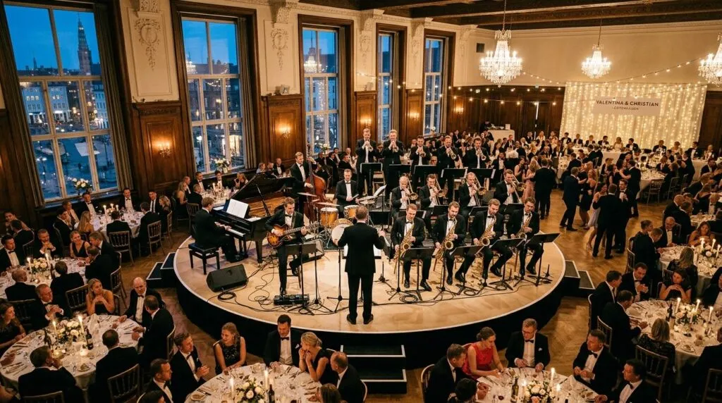 Photorealistic overhead view of a big band ensemble in forma