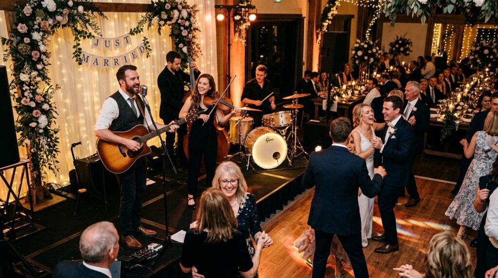 Live wedding band performing at reception, talented musician
