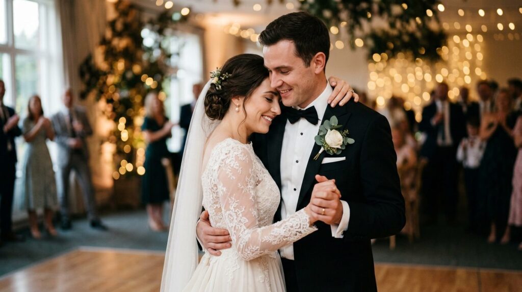 Close-up of groom and bride slow dancing, romantic moment ca