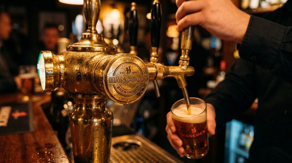 Close-up detail of a polished brass Hancock beer tap mechani