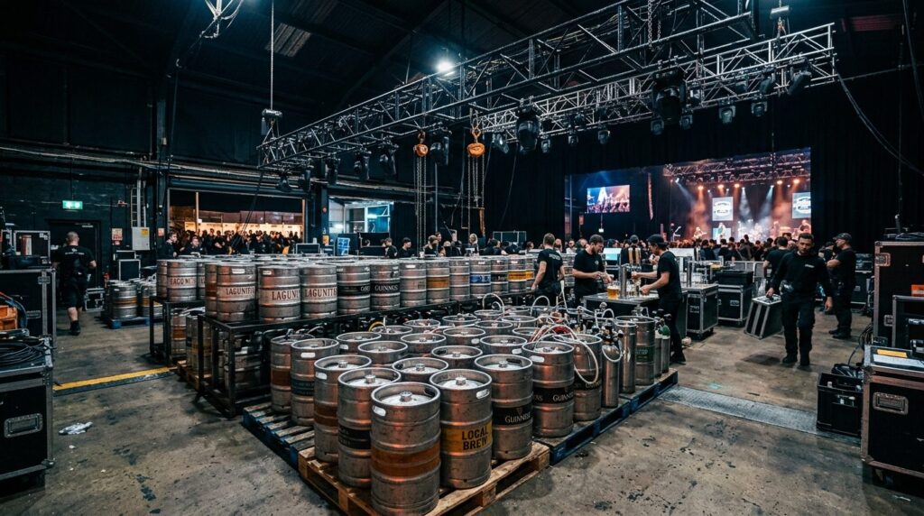 Wide shot of multiple draft beer barrels lined up backstage 