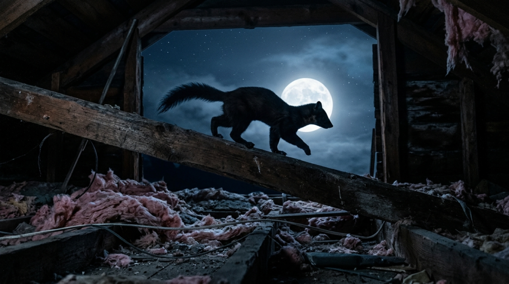 Close-up of a marten or weasel silhouetted against moonlight