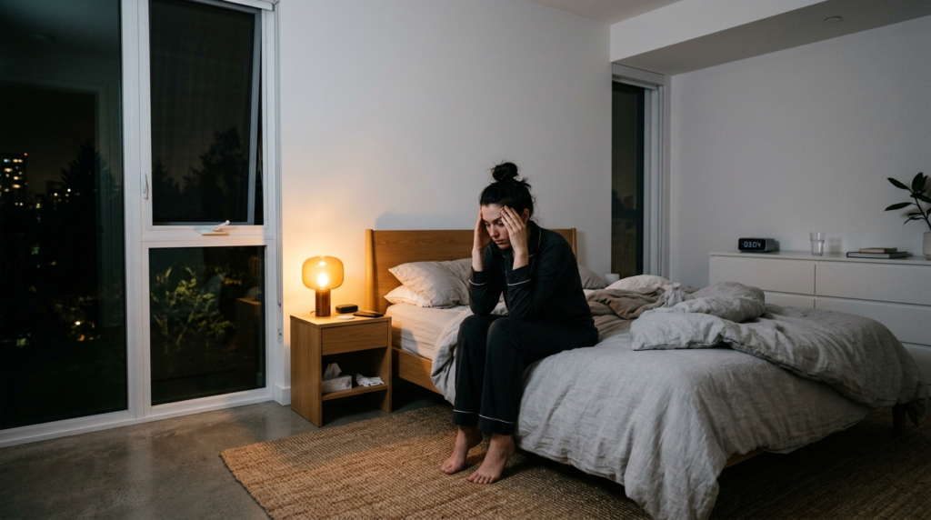 Wide shot of a modern bedroom interior at 3 AM with a person
