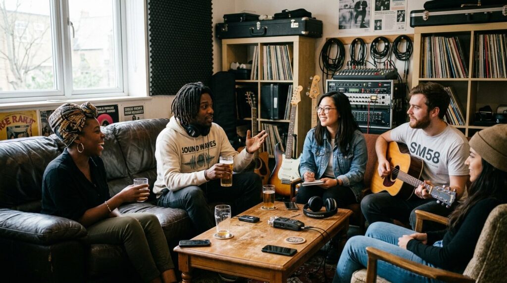 Group of diverse millennials sitting casually in a music stu
