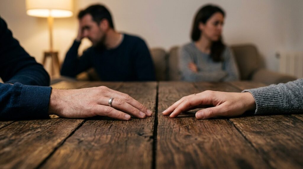 Close-up of two hands almost touching on a wooden table betw