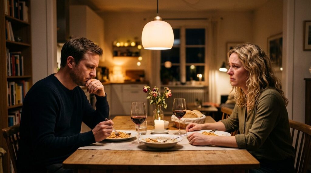 Man and woman at dinner table facing each other with uncomfo