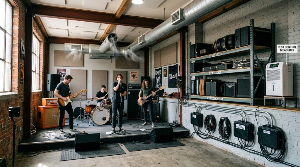 Interior photograph of a band rehearsal space in converted w