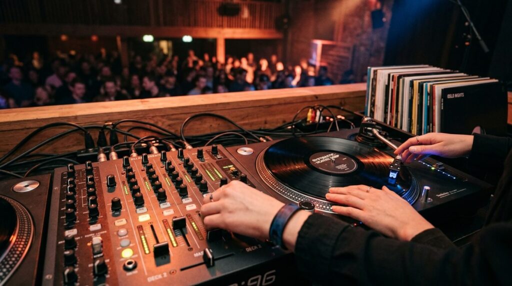 Close-up of hands operating professional DJ mixer and turnta