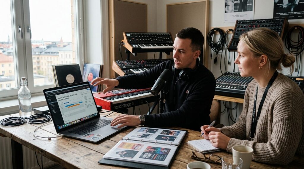 Event organizer meeting with professional DJ in modern Nordi