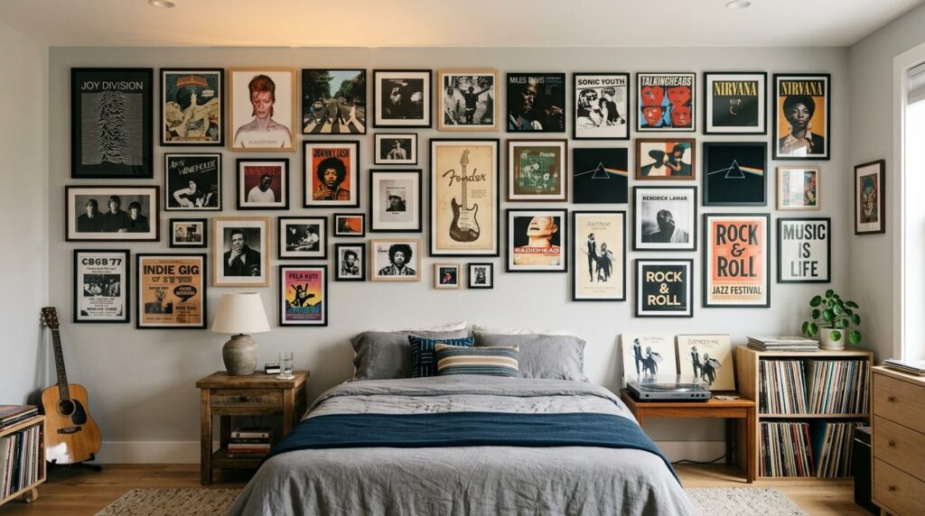 Full wall view of a music lovers bedroom with an asymmetric