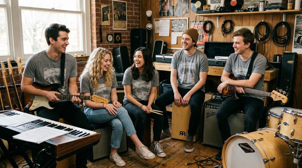 Young musicians in a casual band setting wearing matching cu