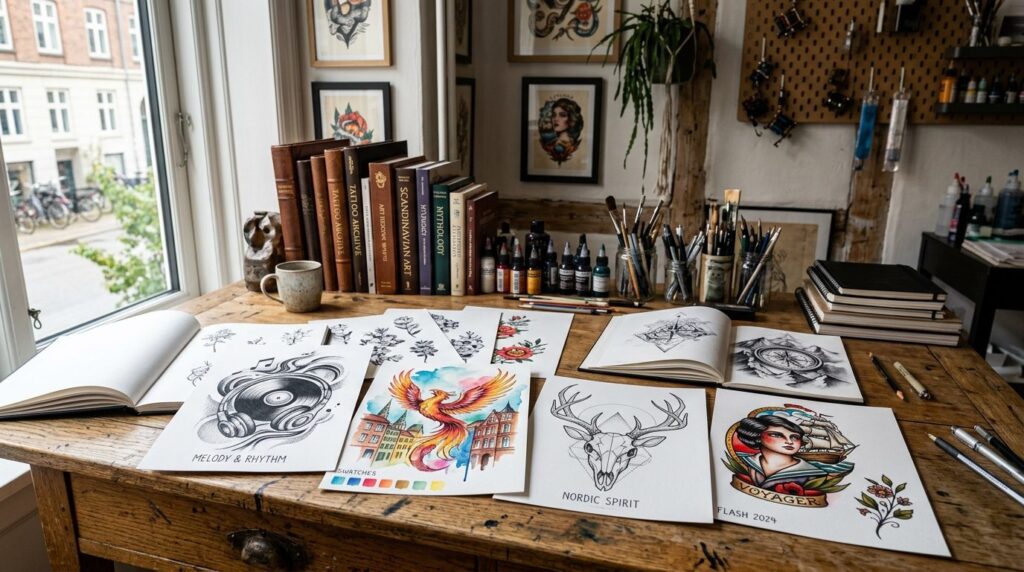 Portfolio display of award-winning tattoo designs spread acr