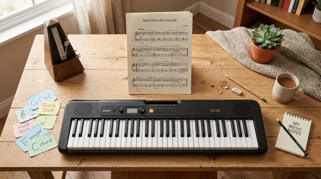 Overhead flat lay photography of a beginner keyboard instrum