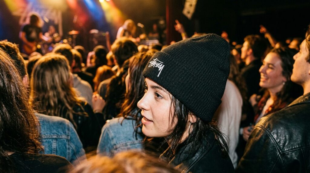 Close-up detail shot of a black Stussy Basic Skullcap Beanie